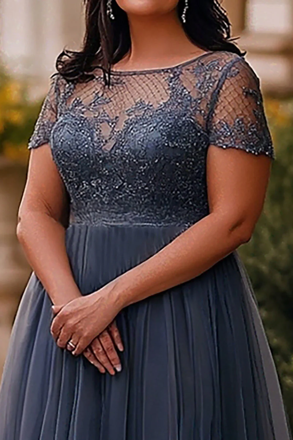 A Line Plus Size Grey Blue Long Tulle Mother of the Bride Dress - VNBITS