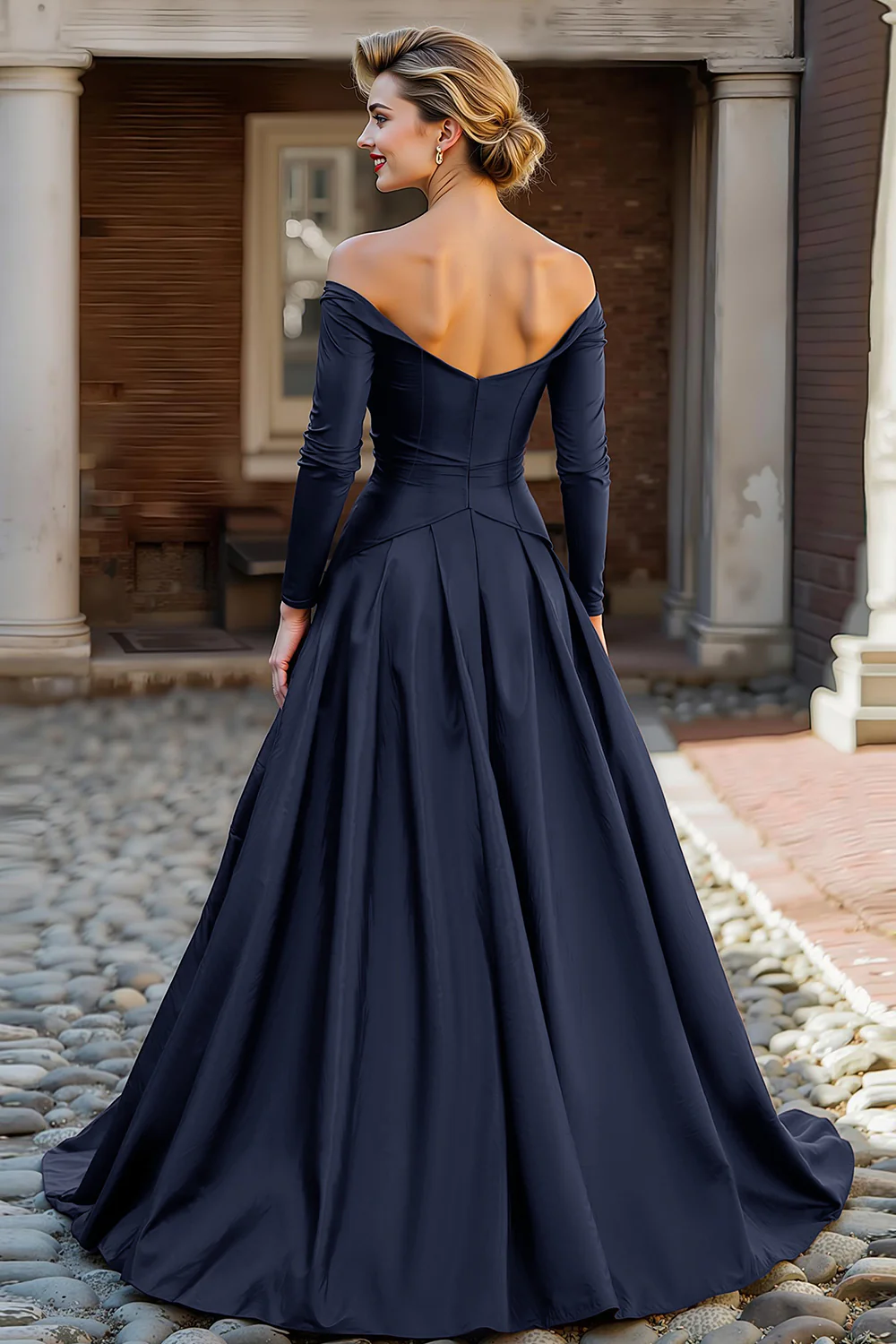 Plum Off the Shoulder A Line Long Mother of the Bride Dress with Sleeves - VNBITS