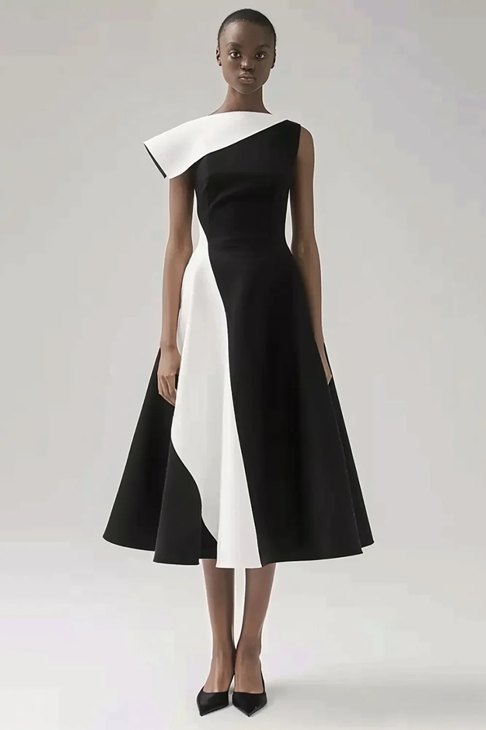 Black and White Patchwork A Line Asymmetrical Neck Black Tie Dress - VNBITS