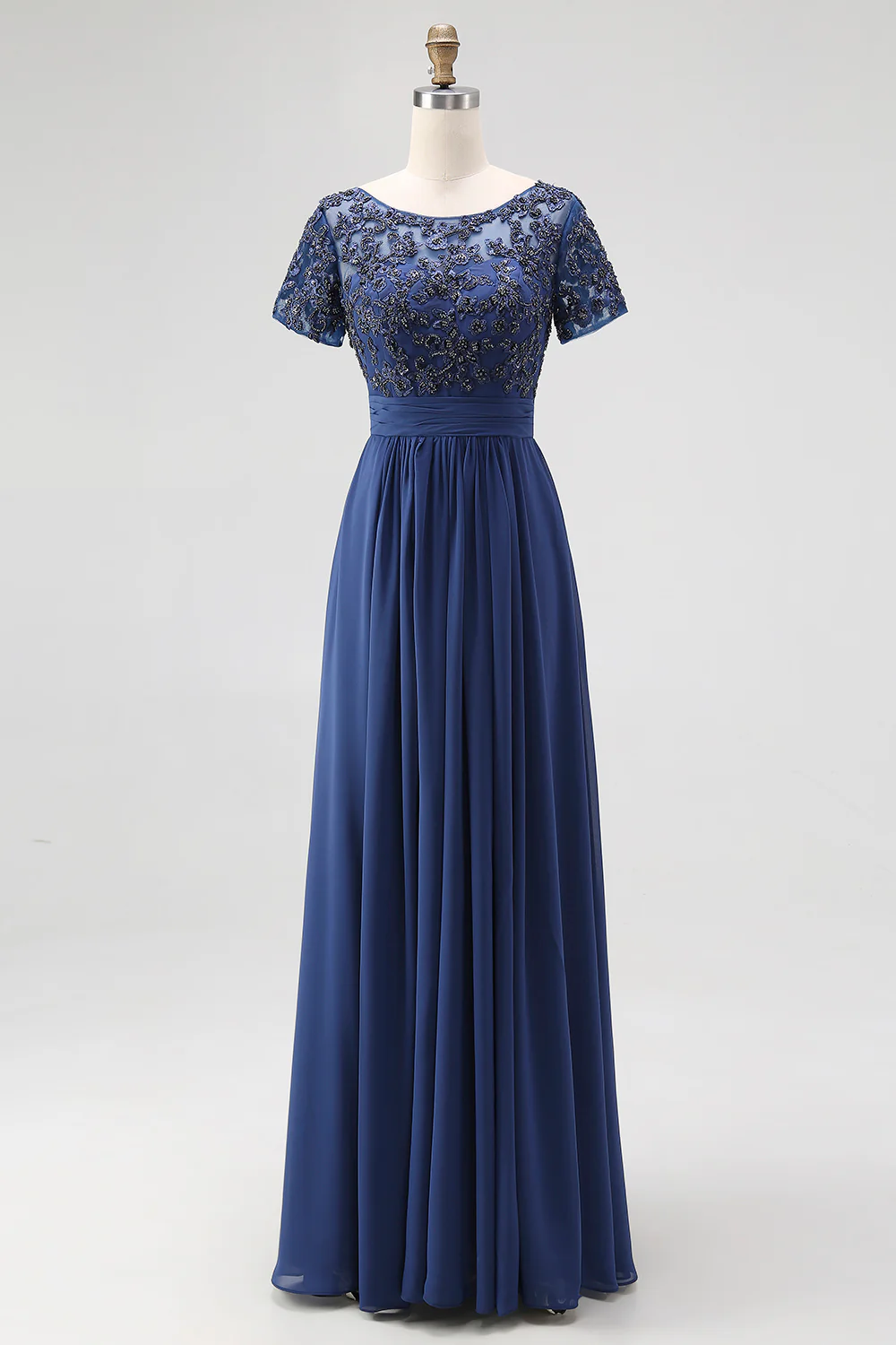 Navy Boat Neck Appliques A-Line Long Mother Of the Bride Dress with Sleeves - VNBITS