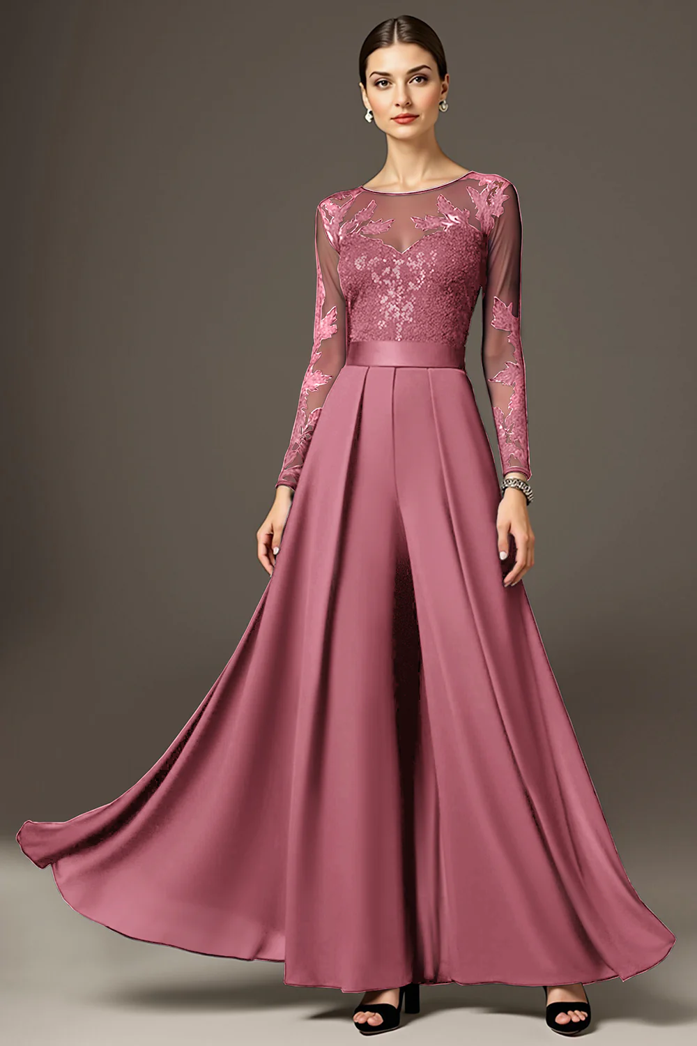 Black A Line Chiffon Long Mother of the Bride Jumpsuits with Lace - VNBITS