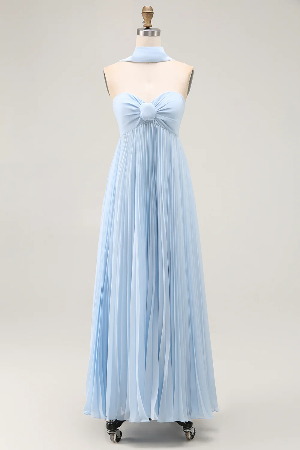 Sky Blue A Line Neck Scarf Pleated Long Bridesmaid Dress - VNBITS