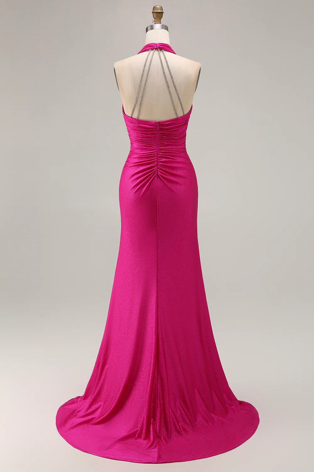 Fuchsia Glitter Halter Mermaid Ruched Long Prom Dress with Slit - VNBITS