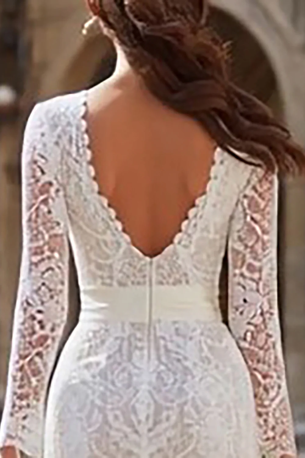 Ivory Bodycon Lace Midi Wedding Dress with Sleeves - VNBITS