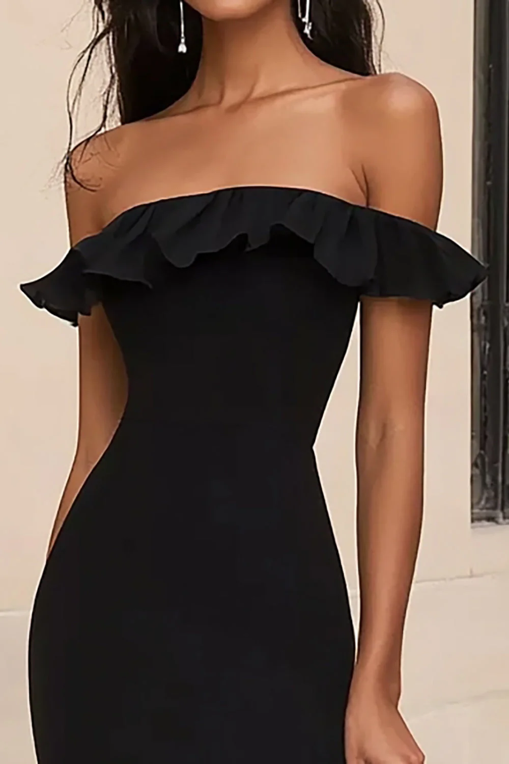Black Ruffled Off the Shoulder Long Mermaid Formal Dress with Slit - VNBITS