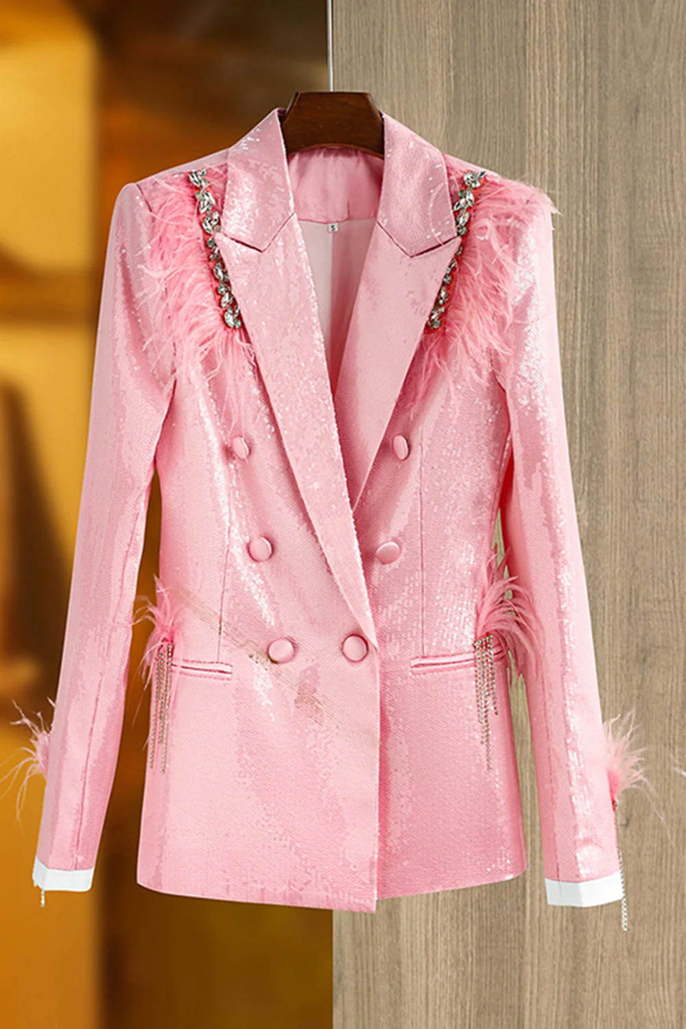 Glitter Pink Women Blazer with Feathers - VNBITS