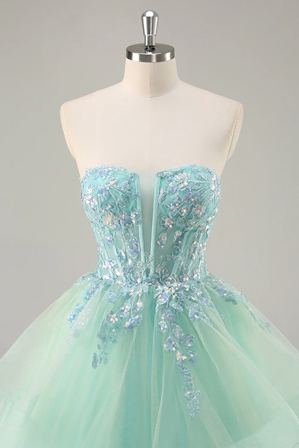 Sparkly Green Corset Strapless Long Prom Dress with Ruffles - VNBITS