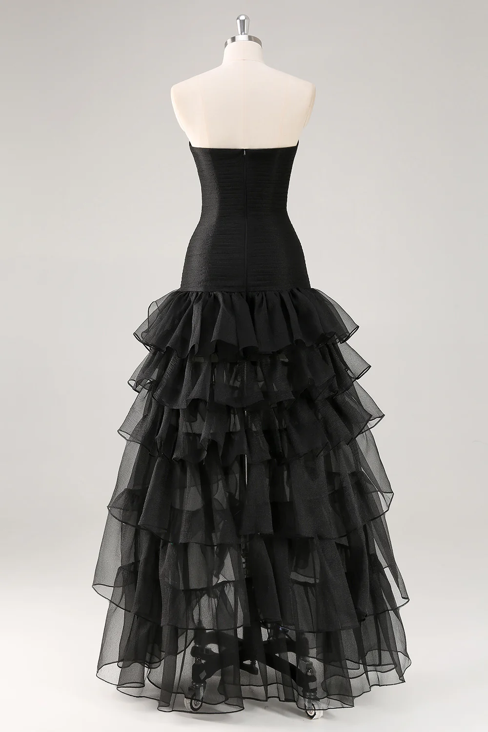 A Line Black Strapless Tiered Formal Dress with Slit - VNBITS