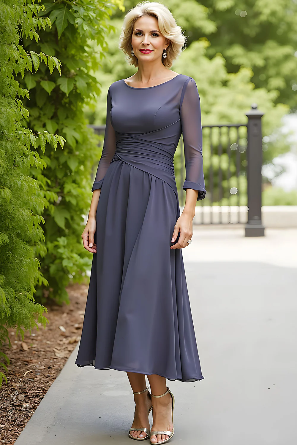 Steel Grey Chiffon A Line Boat Neck Long Mother of the Bride Dress with Sleeves - VNBITS