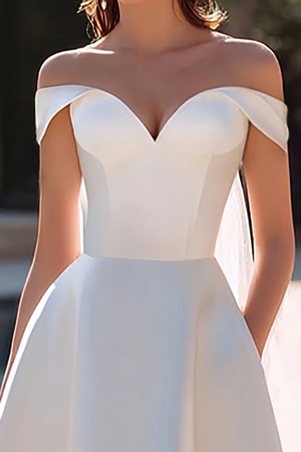 Simple White Satin Off the Shoulder A Line Short Wedding Dress - VNBITS