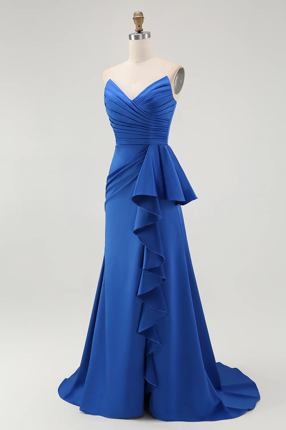 Royal Blue Sweetheart Mermaid Satin Ruched Long Wedding Guest Dress - VNBITS