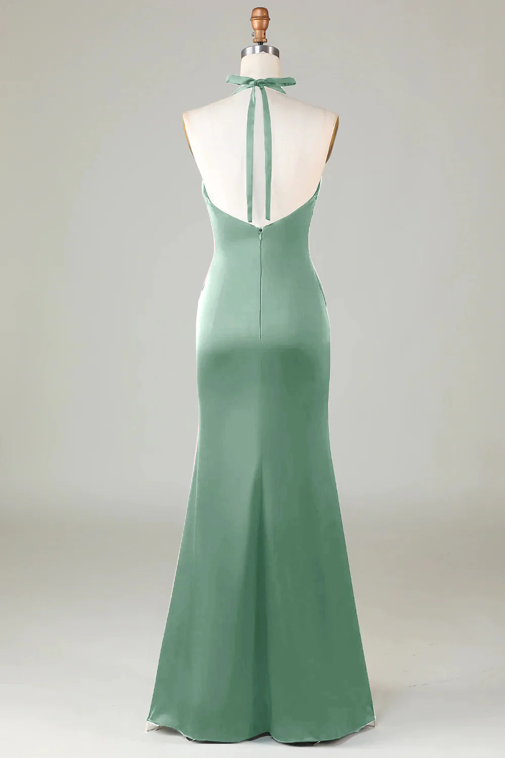 Mermaid Halter Dusty Blue Long Satin Bridesmaid Dress - VNBITS