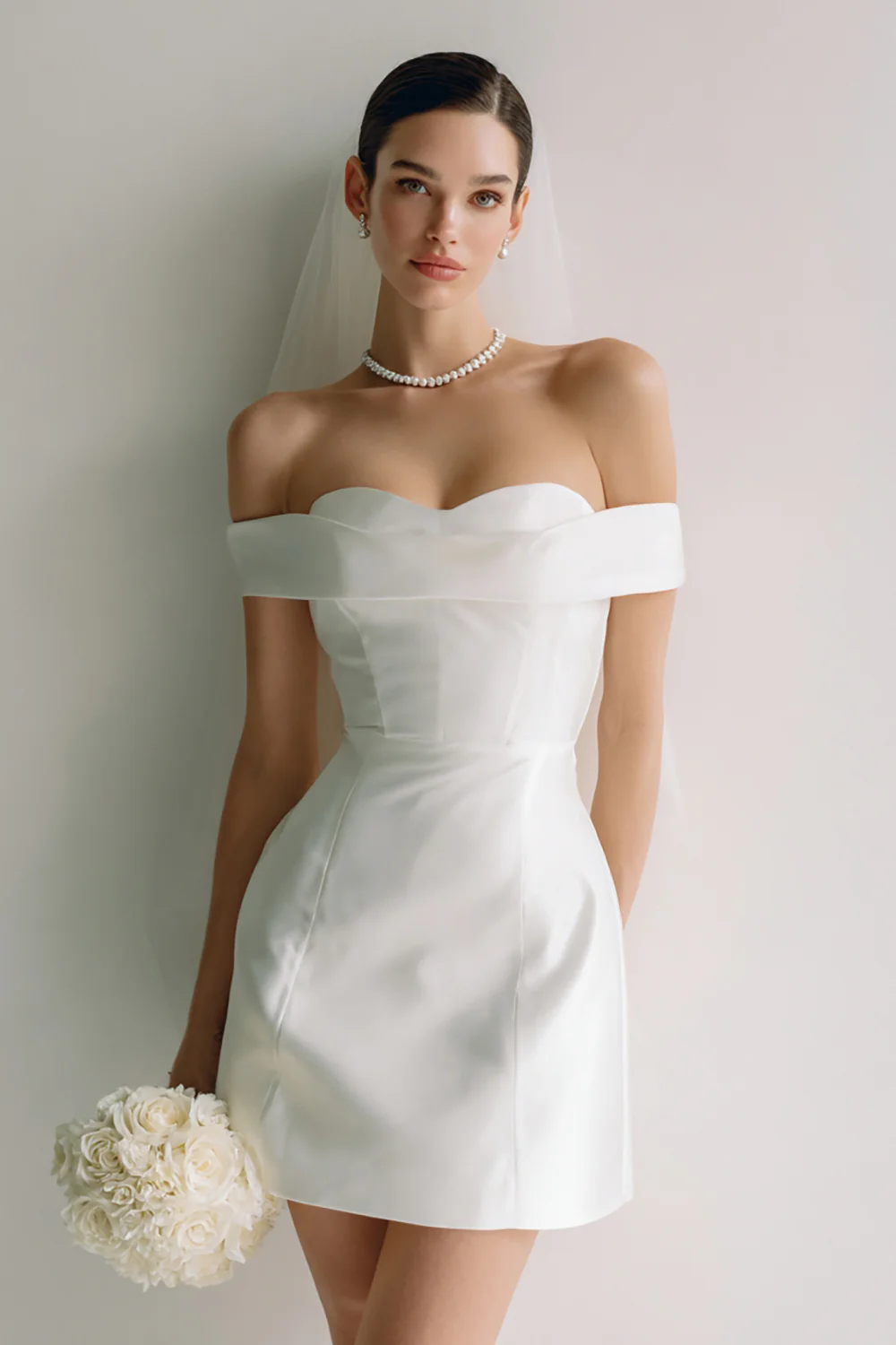 White Bodycon Off the Shoulder Satin Short Wedding Dress - VNBITS