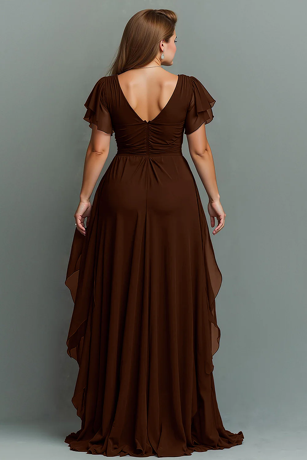 Navy Chiffon V-Neck Ruched Long  with Ruffles - VNBITS