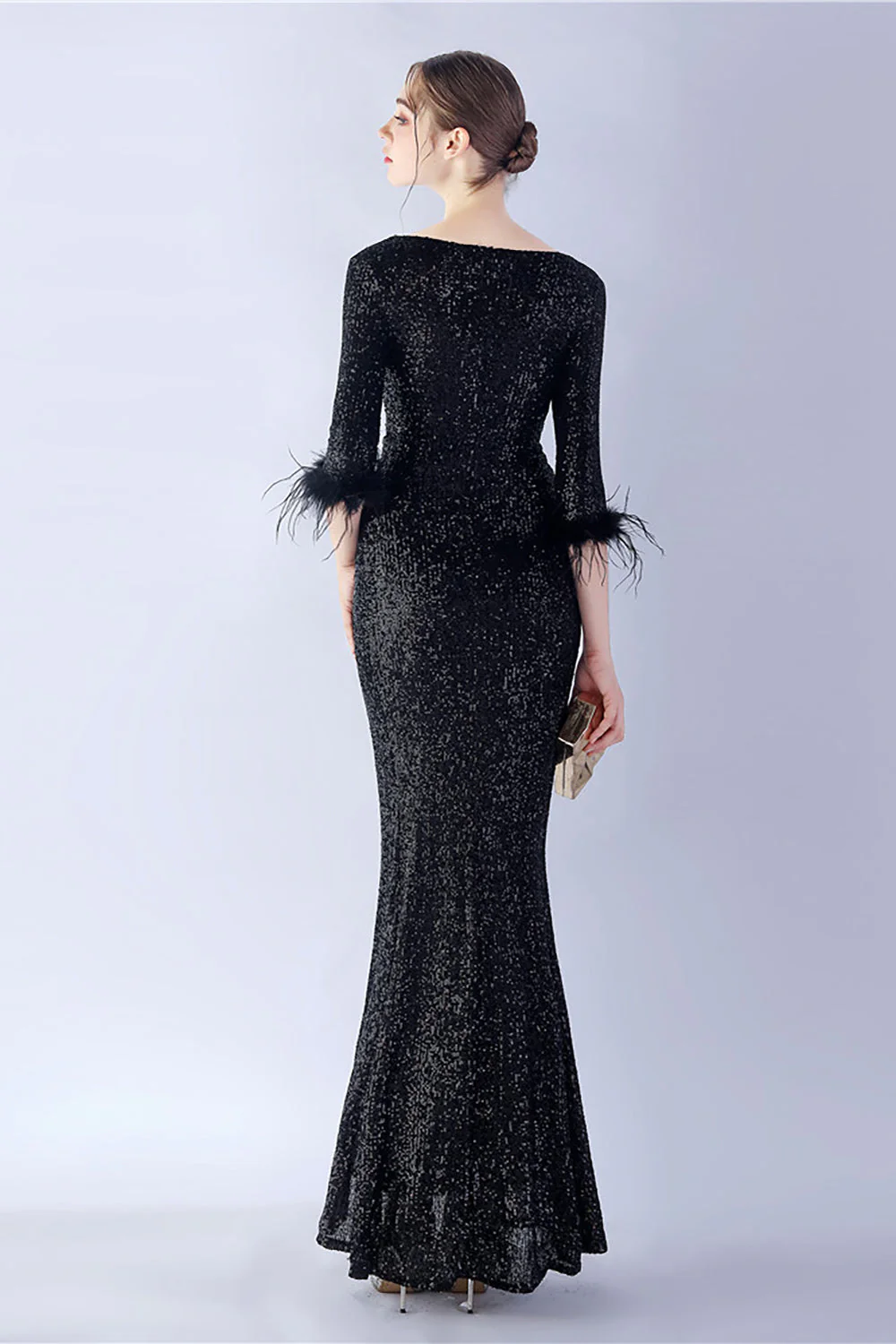 Navy Sequin V-neck Half Sleeves Sheath Formal Dress with Feather - VNBITS