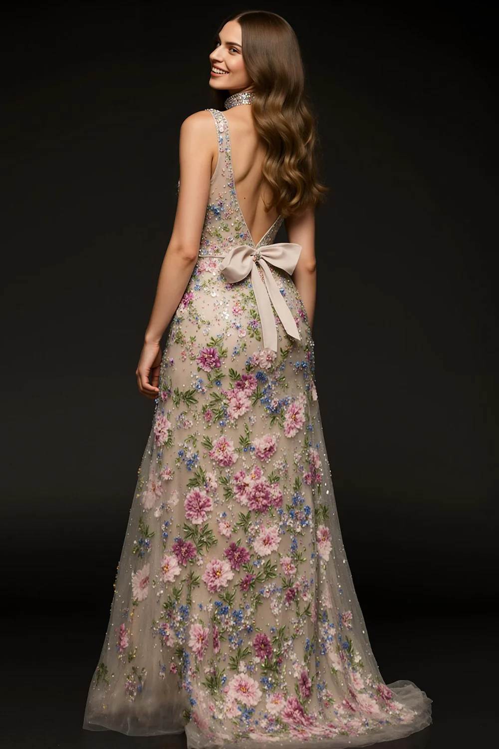 Sparkly Champagne Floral V-Neck Mermaid Long Formal Dress with Beading - VNBITS