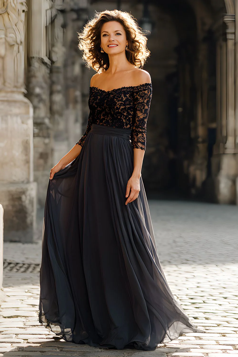 Black Off the Shoulder Chiffon Long Mother of the Bride Dress with Lace - VNBITS
