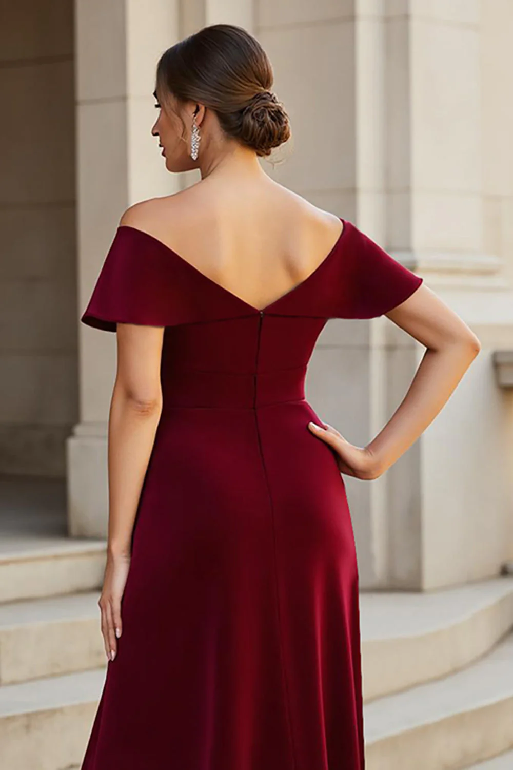 Burgundy A Line V-Neck Satin Long Mother of the Bride Dress with Ruffles - VNBITS