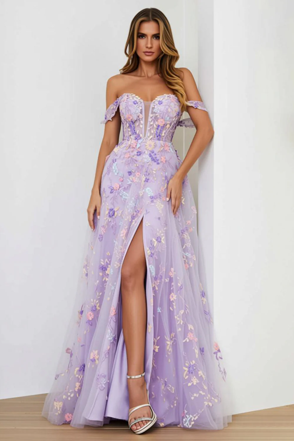 Lilac Corset Embroidered A Line Floral Long Prom Dress with Slit - VNBITS