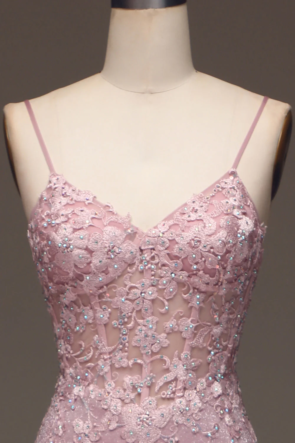 Glitter Blush Mermaid Spaghetti Straps Long Prom Dress with Beading - VNBITS