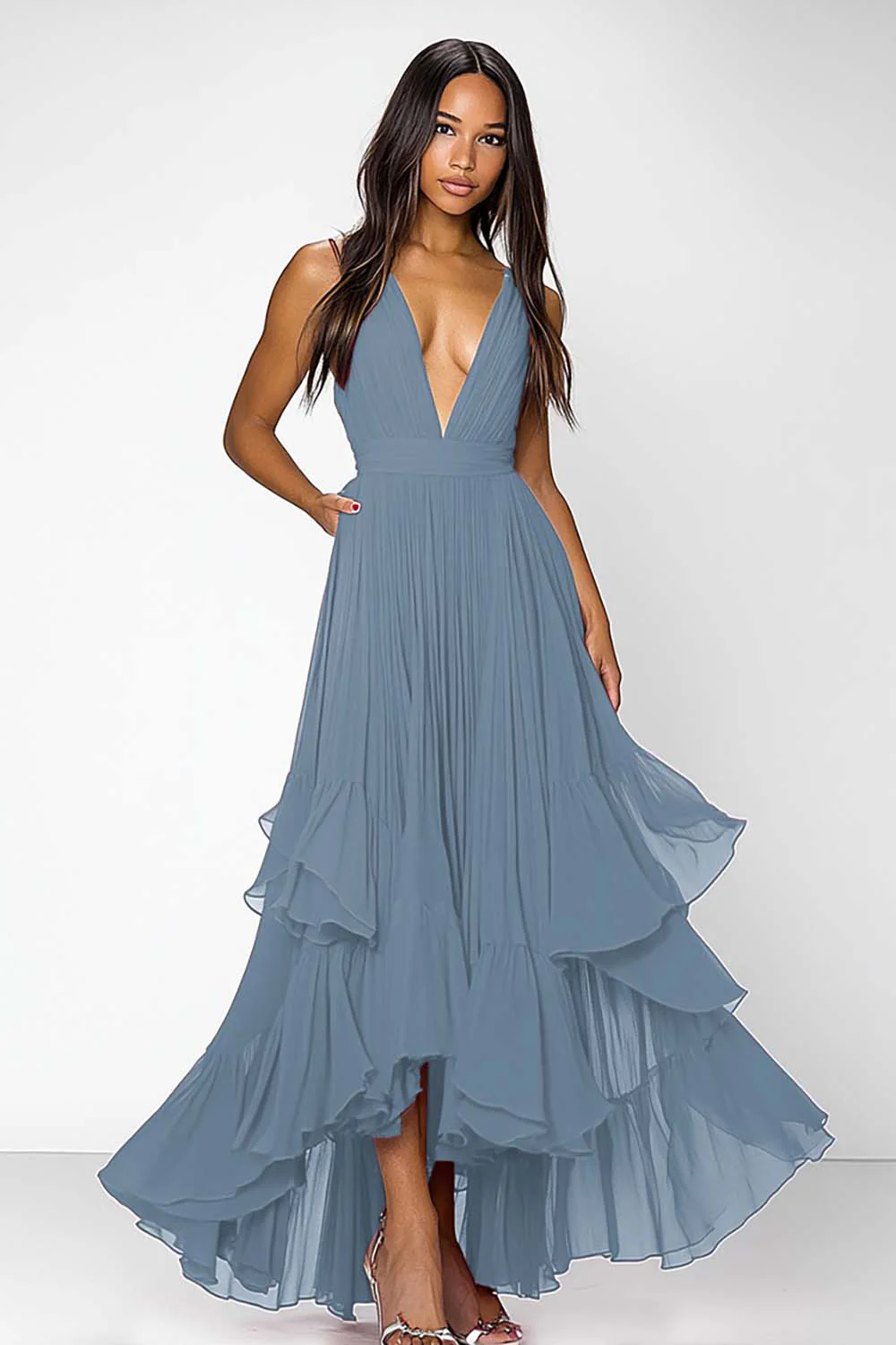 Dusty Blue A Line Deep V-Neck Long Formal Dress with Ruffles - VNBITS