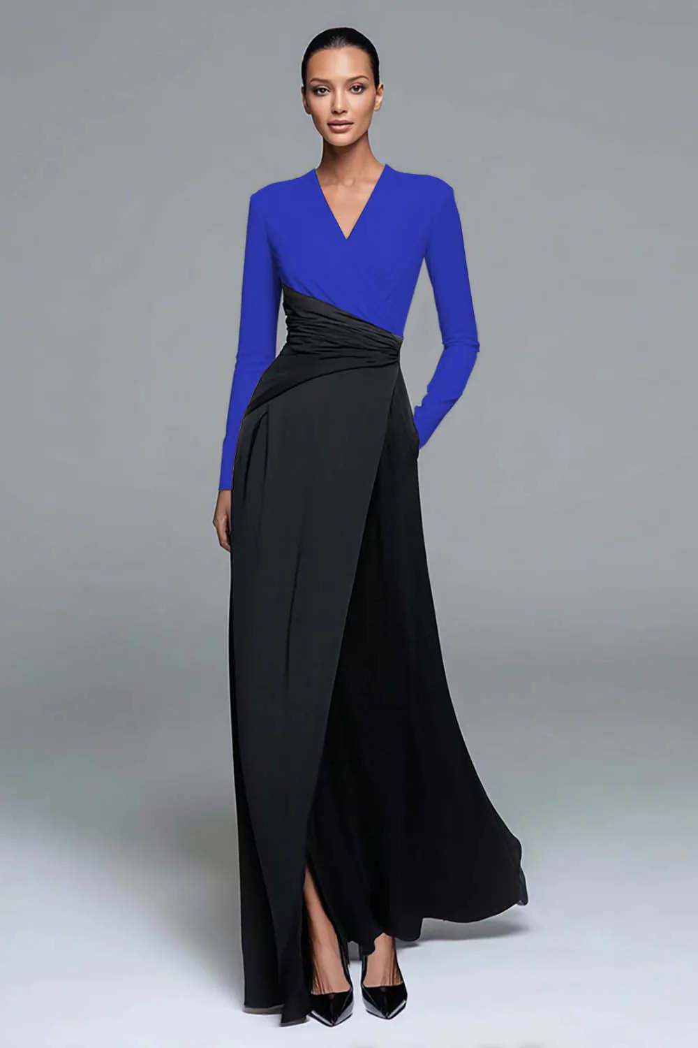 Black and White Patchwork Long Formal Dress with Pockets - VNBITS