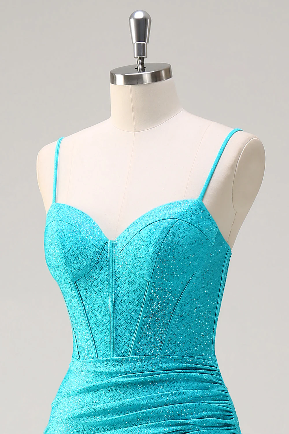 Blue Spaghetti Straps Mermaid Beaded Long Corset Prom Dress with Ruffle Slit - VNBITS