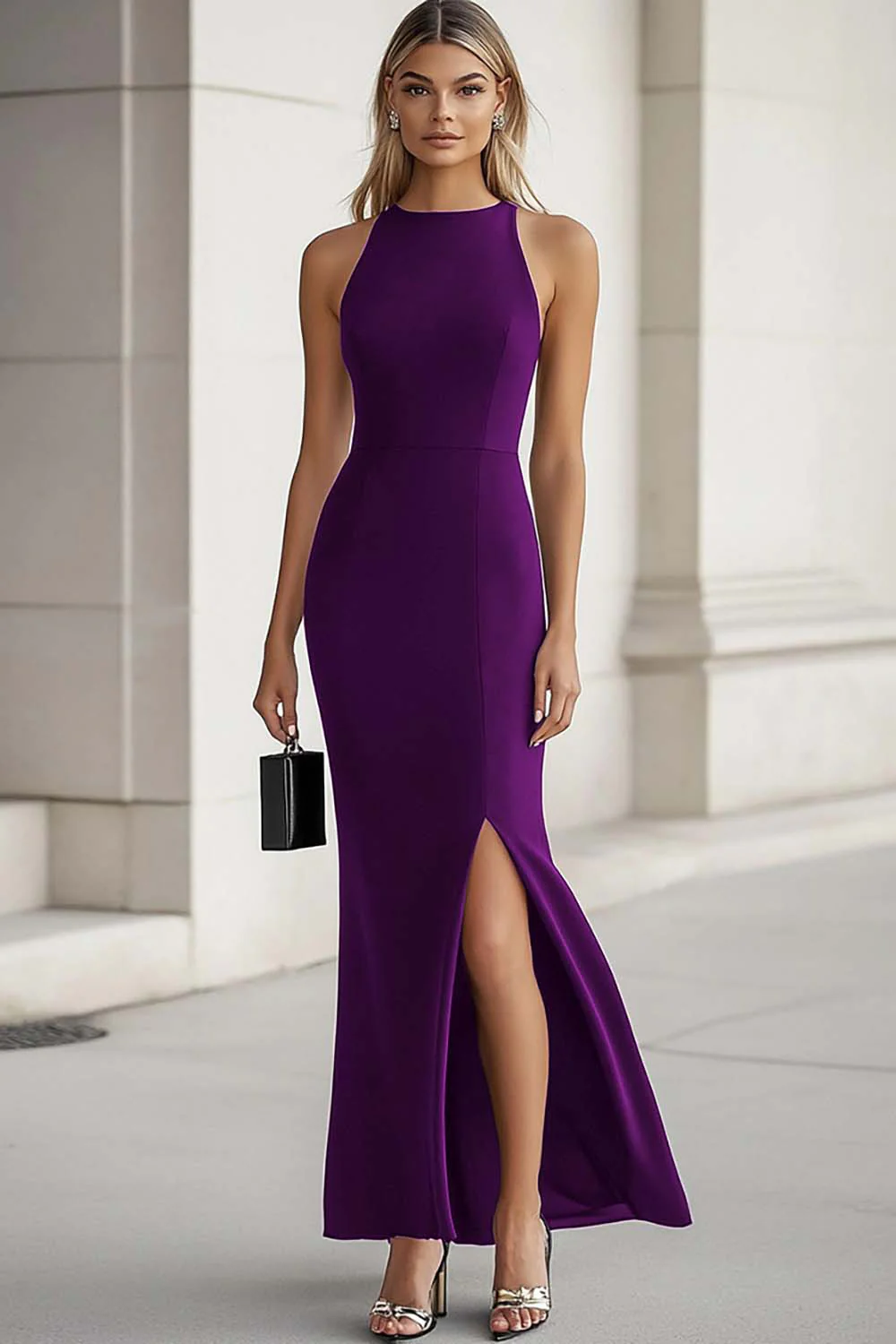 Black Satin Sheath Long Formal Dress with Slit - VNBITS