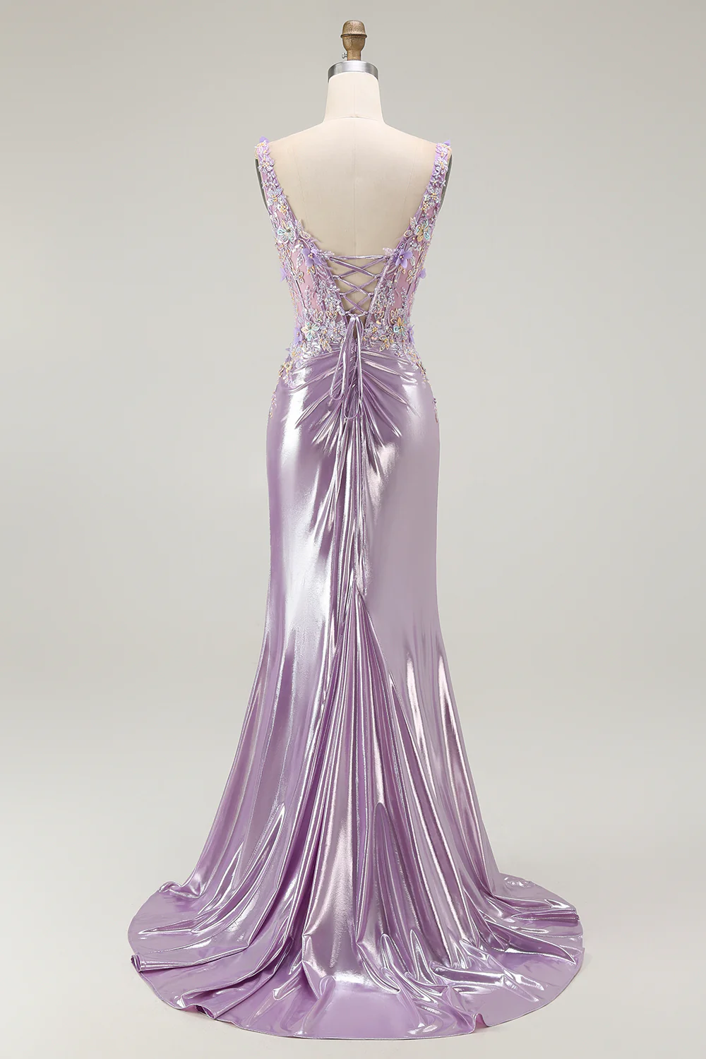 Sparkly Lilac Mermaid Floral Long Prom Dress with Slit - VNBITS