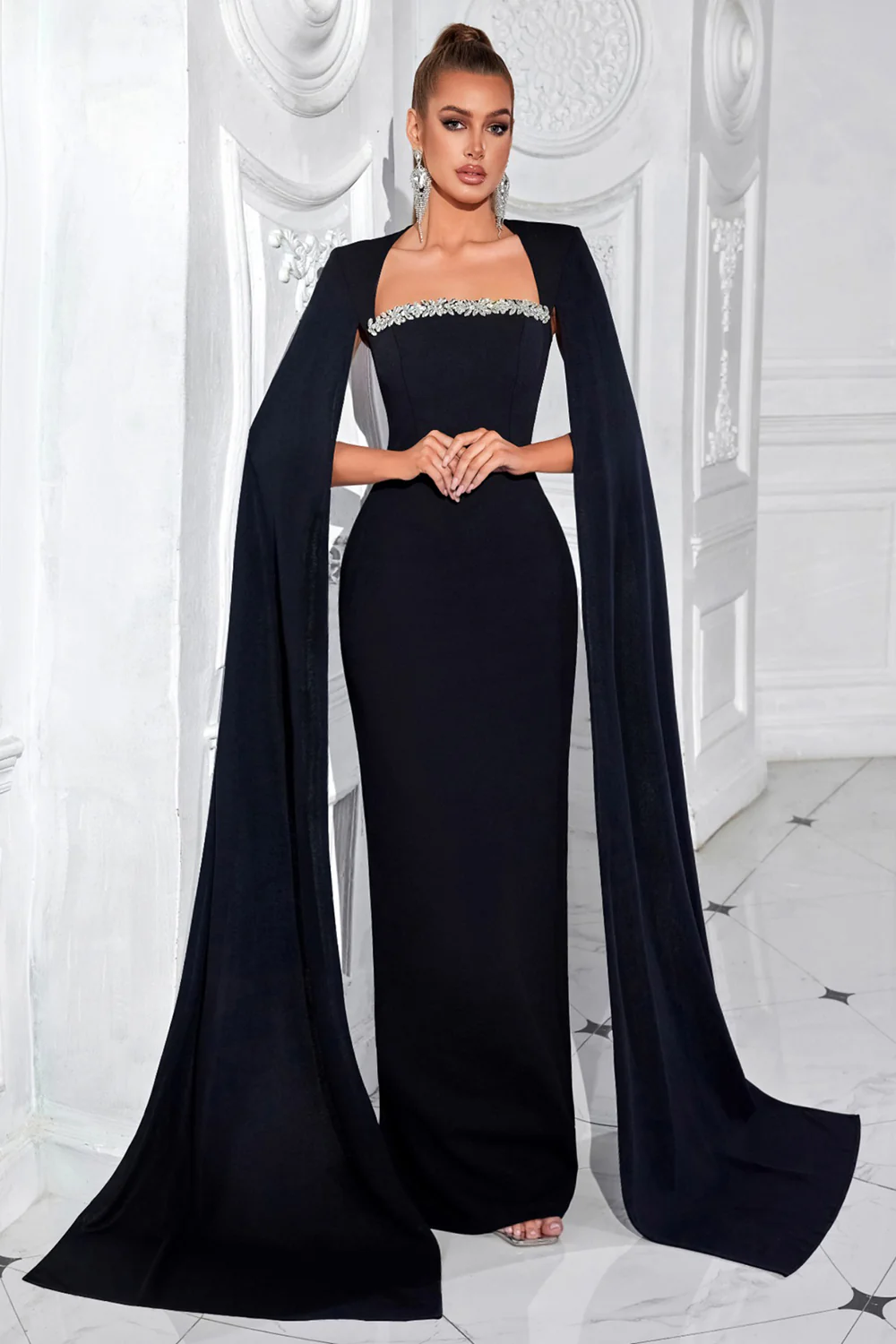 Sparkly Black Sheath Long Prom Dress with Cape - VNBITS