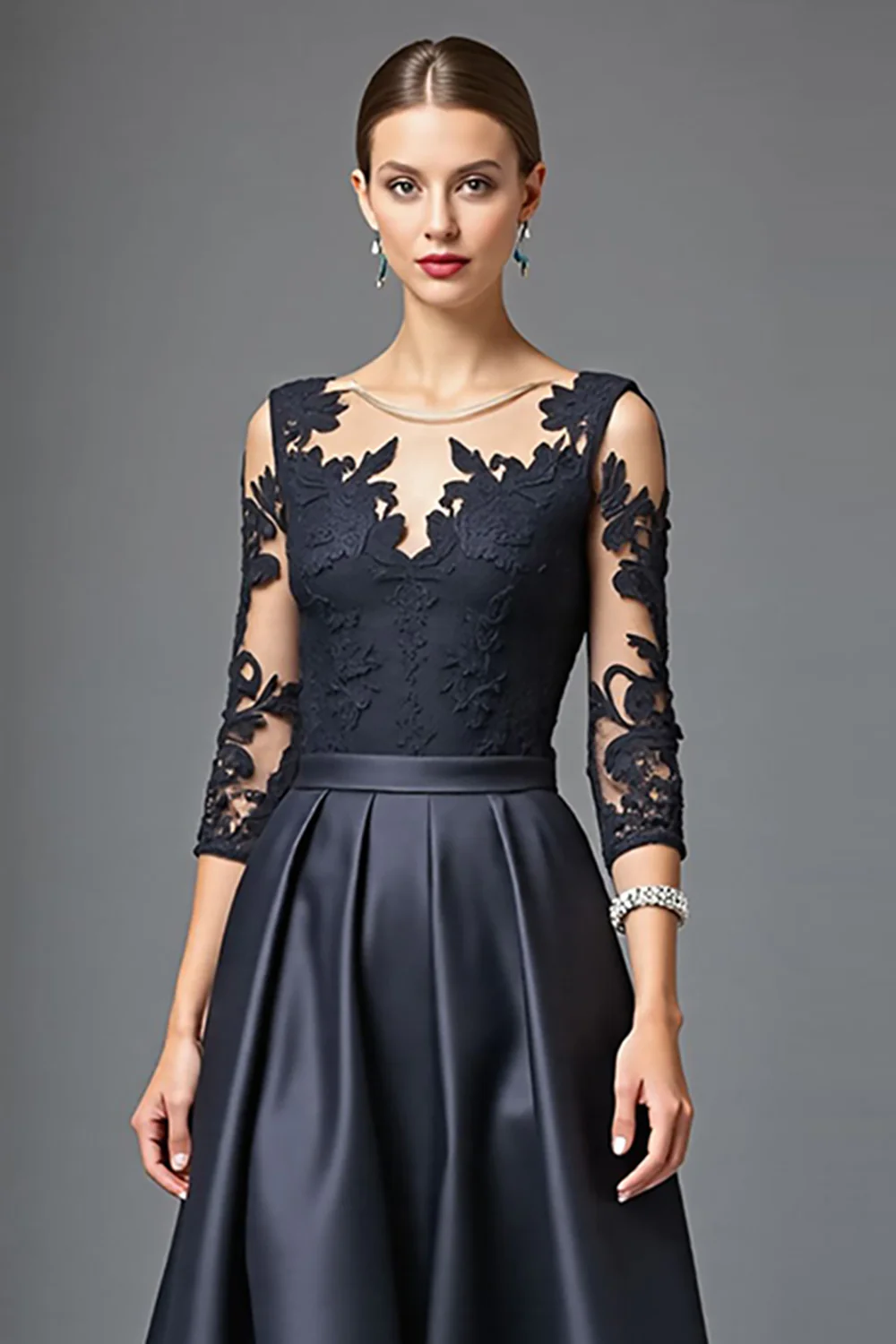 Black Satin A Line Long Mother of the Bride Dress with Lace - VNBITS