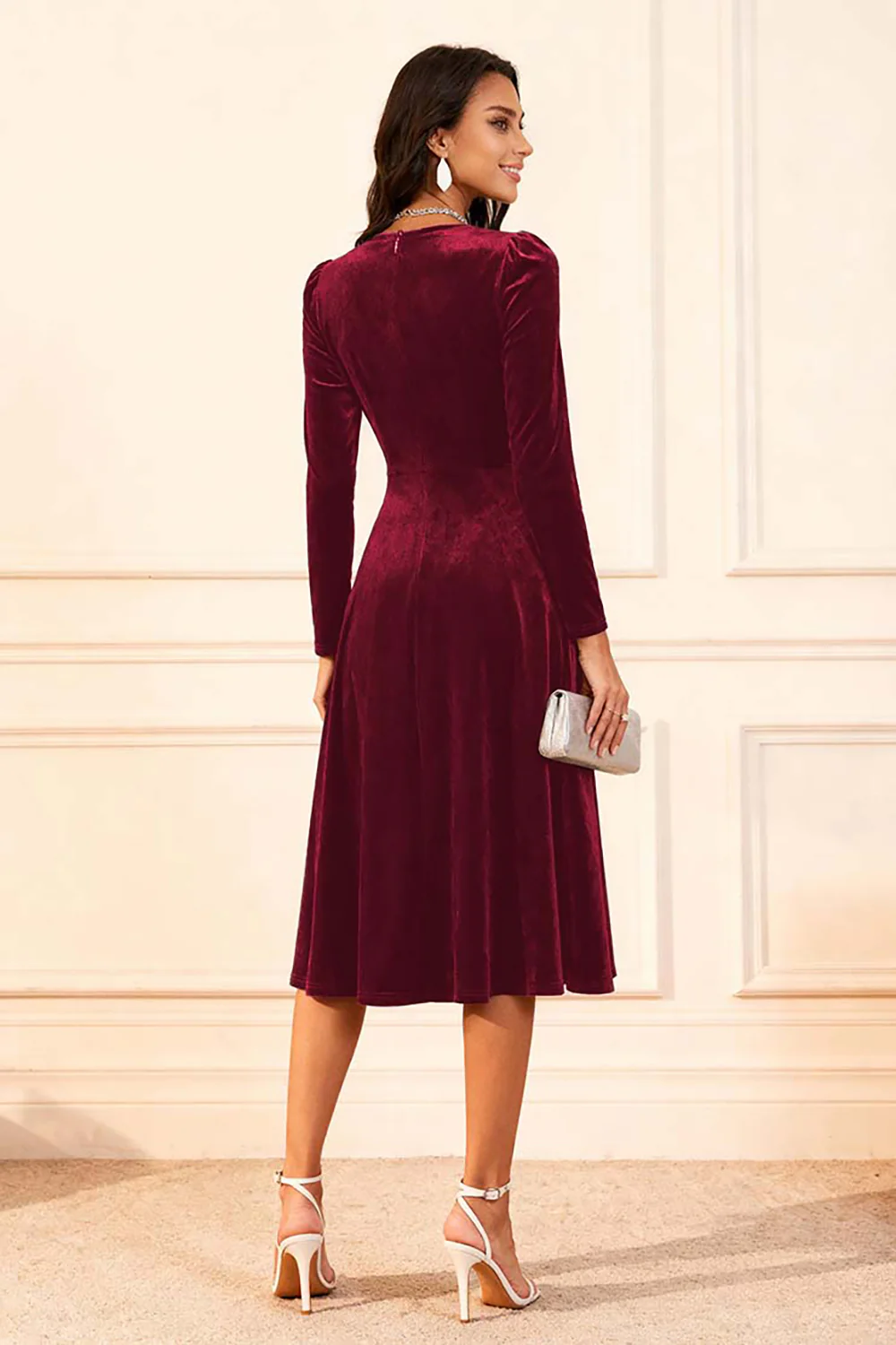 Dark Green A Line Velvet Midi Glitter Holiday Party Dress with Sleeves - VNBITS