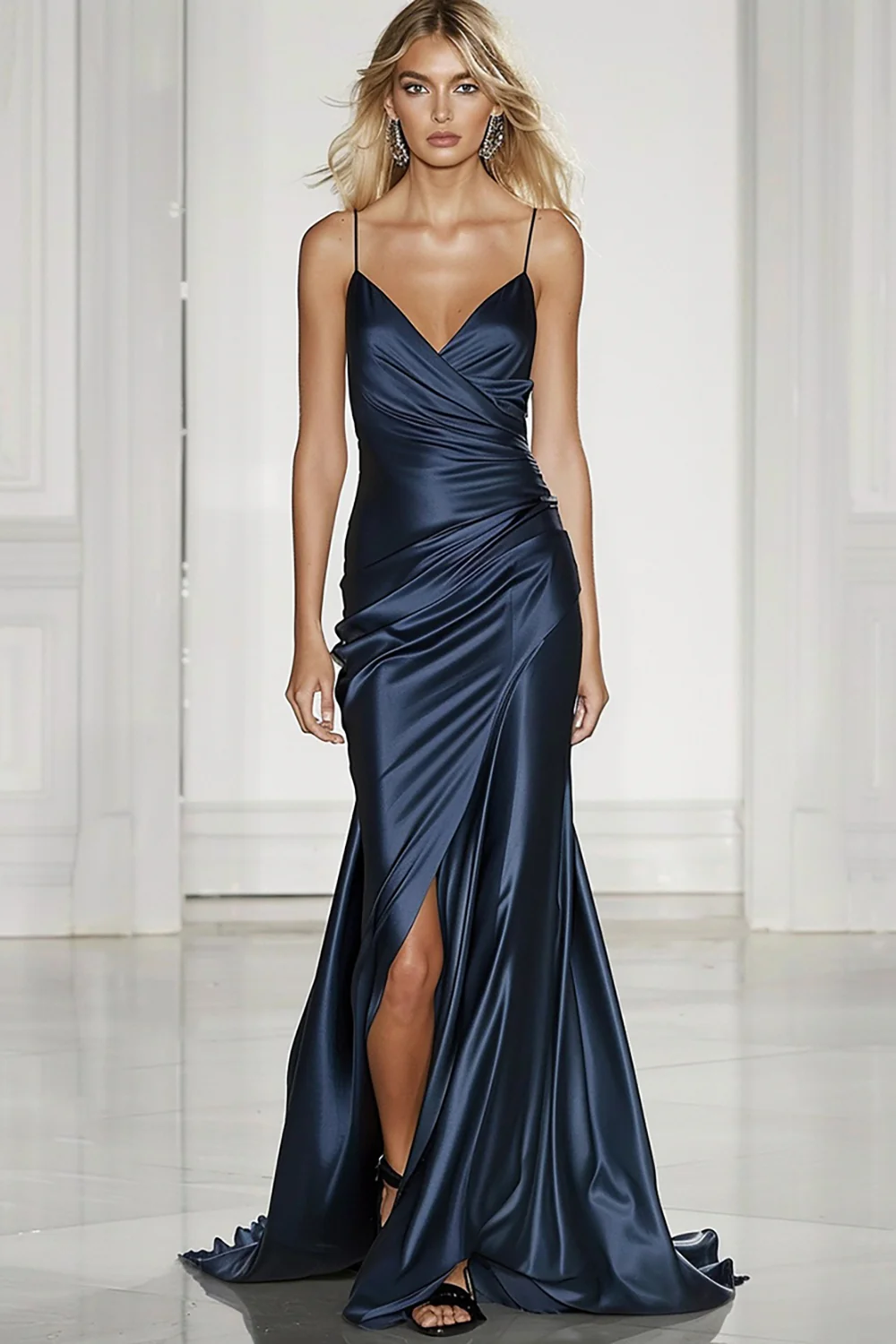 Dark Blue Satin Mermaid Long Formal Dress with Slit - VNBITS