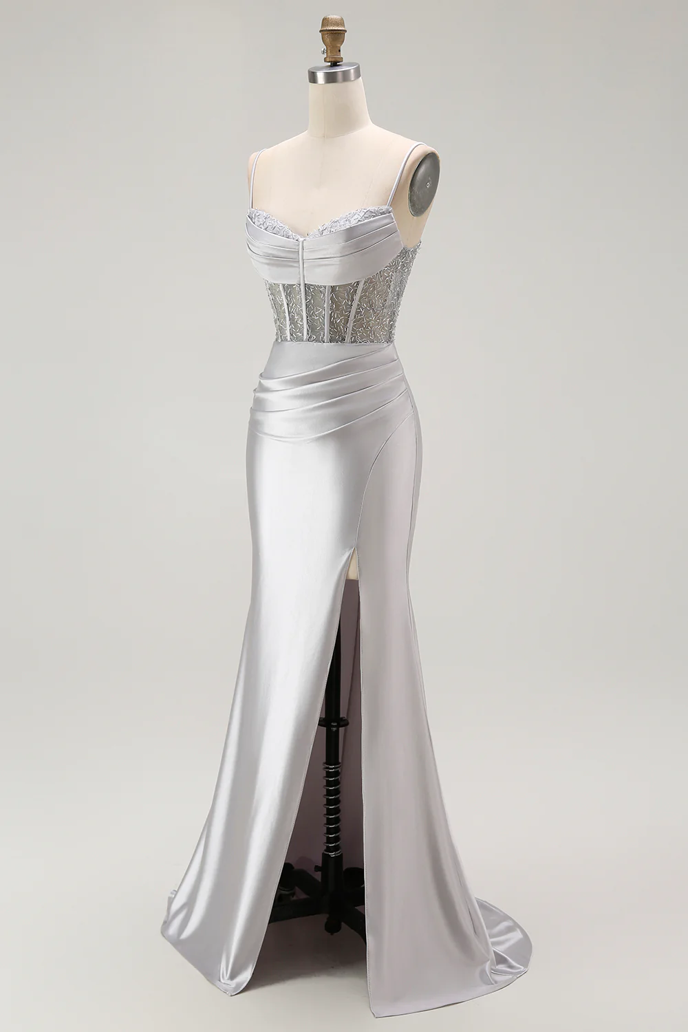 Sparkly Navy Satin Mermaid Long Corset Prom Dress with Beading - VNBITS