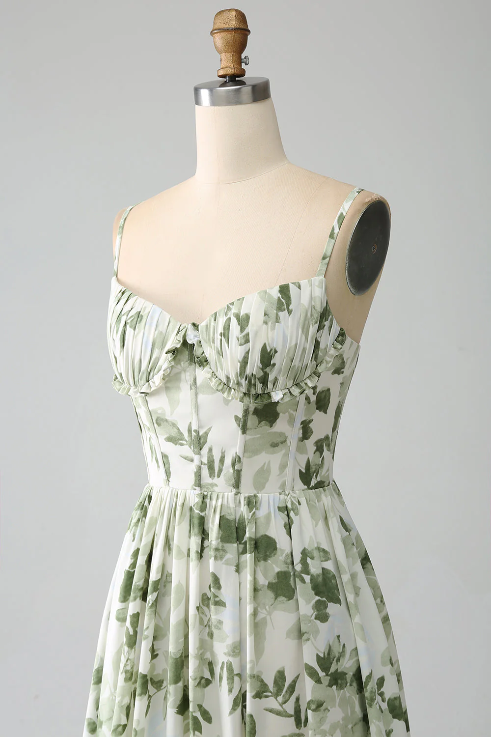 Green A-Line Spaghetti Straps Printed Pleated Long Prom Dress With Slit - VNBITS