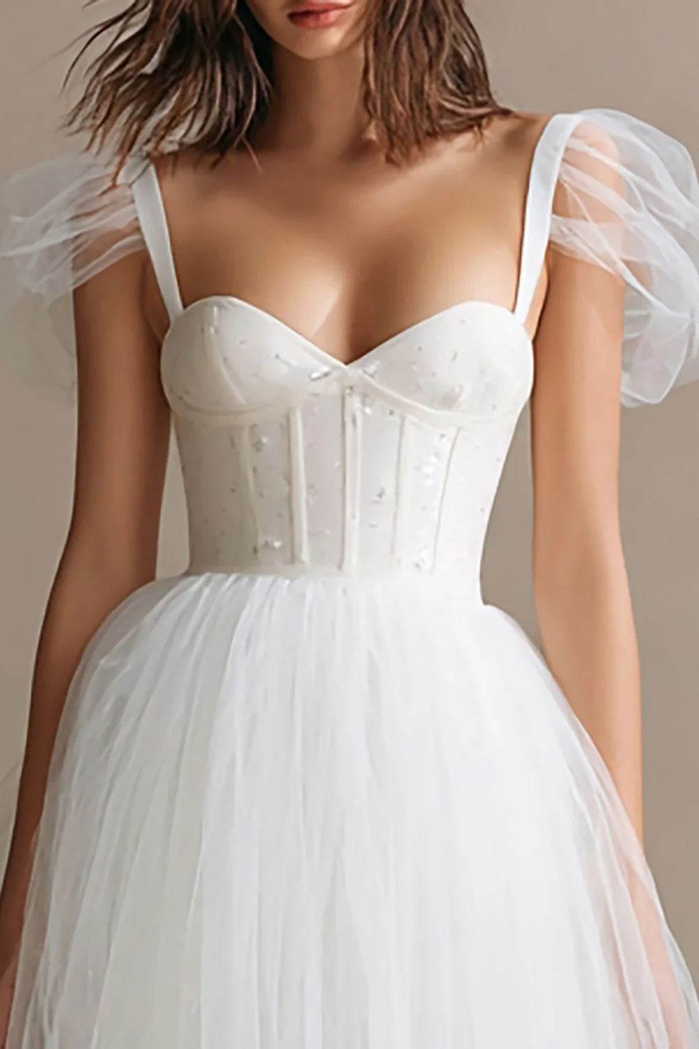 Simple White A Line Corset Tulle Long Engagement Dress - VNBITS