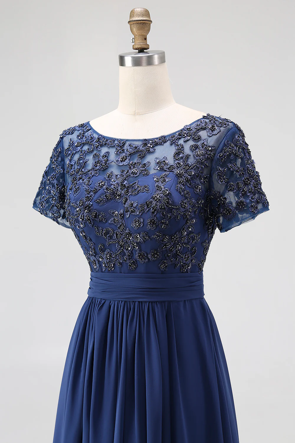 Navy Boat Neck Appliques A-Line Long Mother Of the Bride Dress with Sleeves - VNBITS