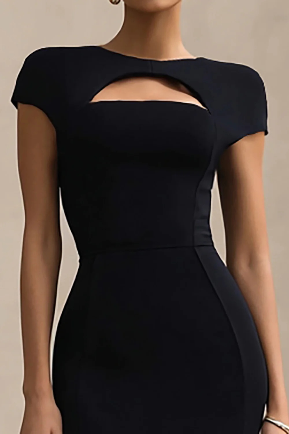 Black Round Neck Mermaid Cut Out Long Formal Dress with Sleeves - VNBITS