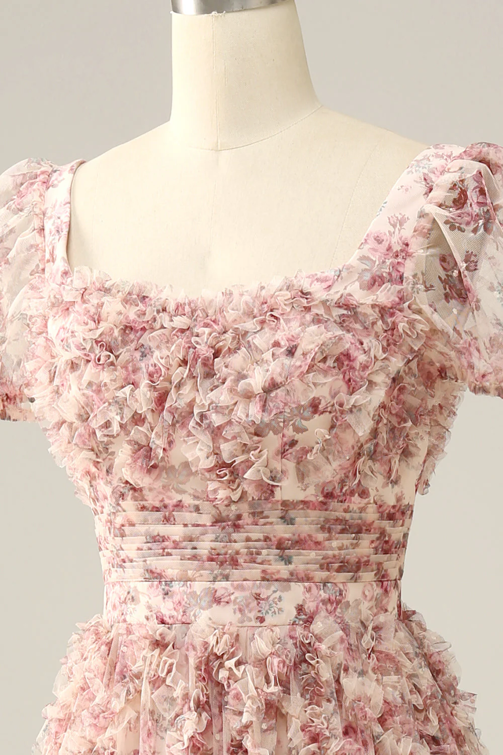 Ivory Red Flower Square Neck Prom Dress - VNBITS