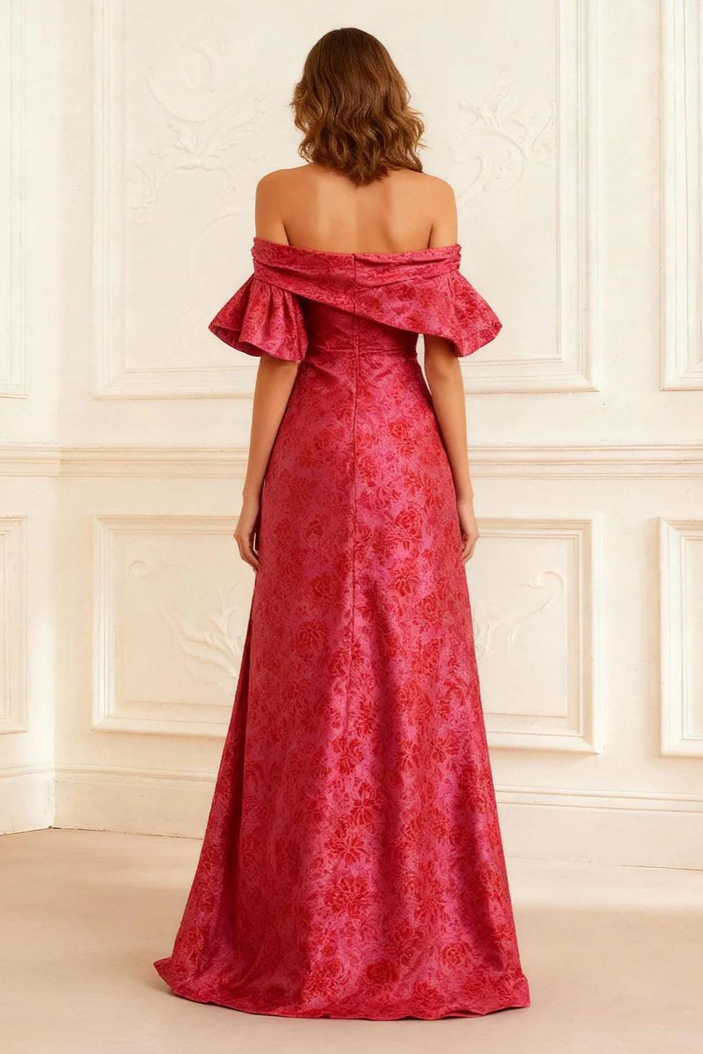 Rust Jacquard Sheath Off the Shoulder Long Prom Dress with Slit - VNBITS