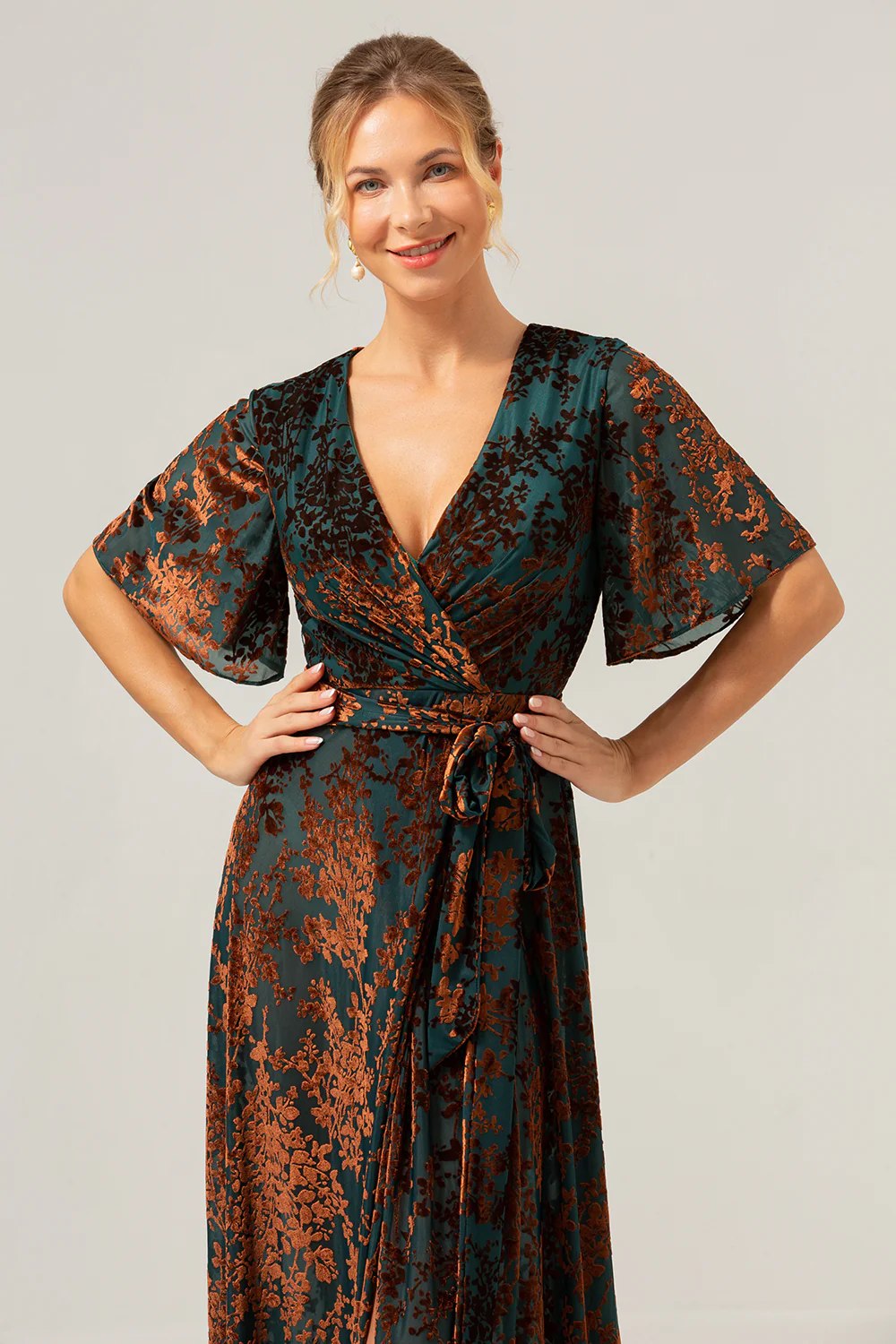 V-Neck Dark Green Mother of Bride Dress with Slit - VNBITS