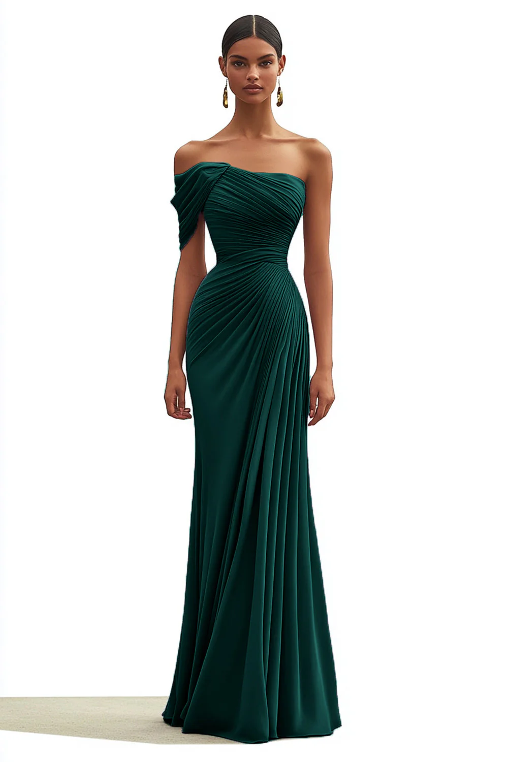 Mermaid Dark Green One Shoulder Pleated Long Formal Dress - VNBITS