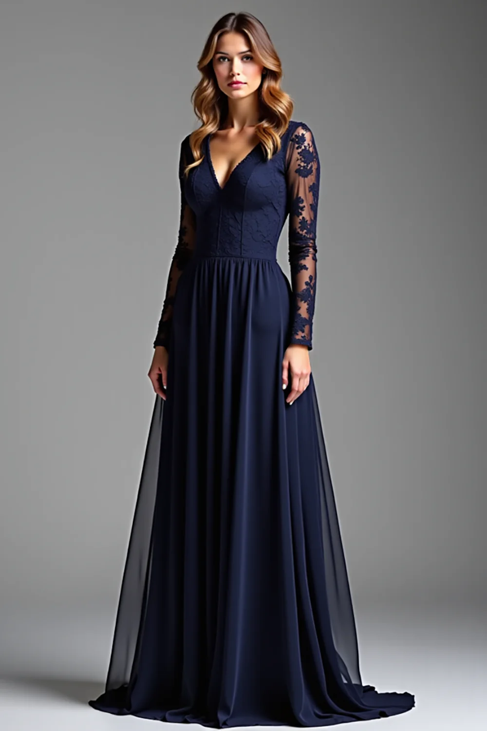 A Line Navy Chiffon Long Formal Dress with Sleeves - VNBITS