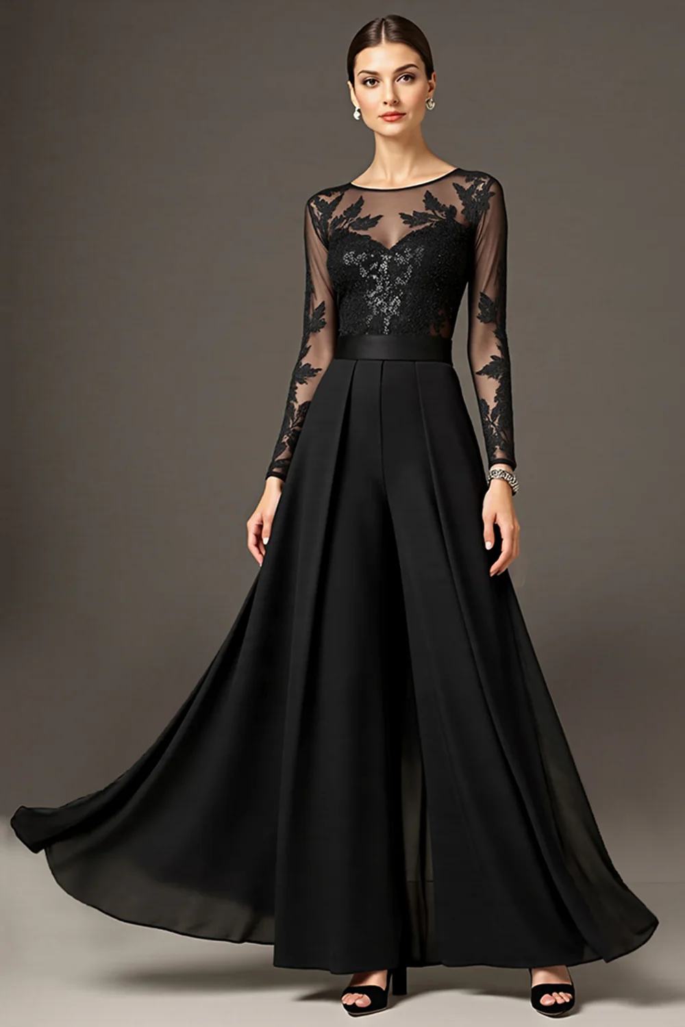 Black A Line Chiffon Long Mother of the Bride Jumpsuits with Lace - VNBITS
