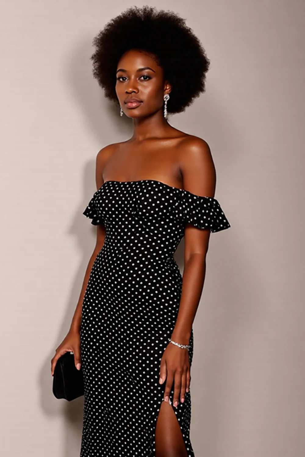 Black and White Sheath Off the Shoulder Maxi Polka Dot Dress with Slit - VNBITS