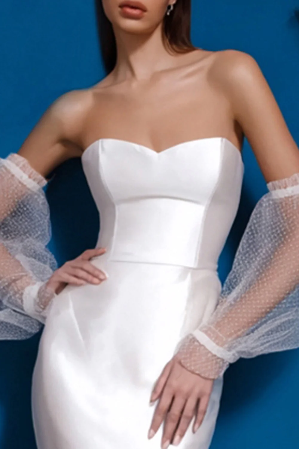 White Bodycon Satin Sweetheart Midi Engagement Dress - VNBITS