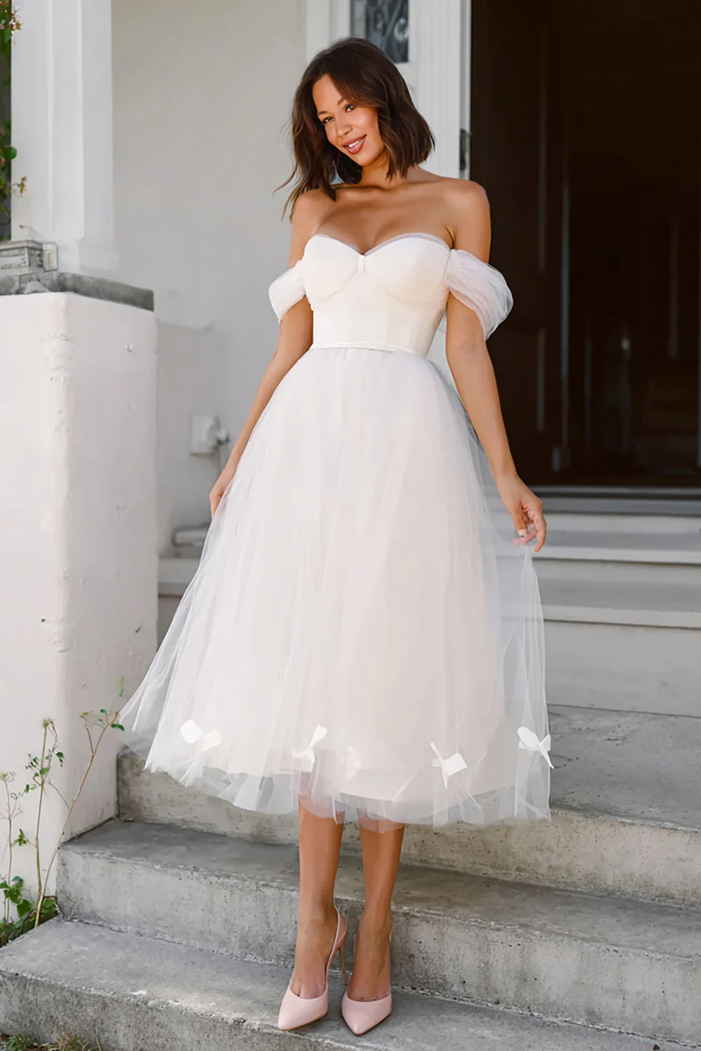 White A Line Tulle Midi Engagement Dress with Bows - VNBITS