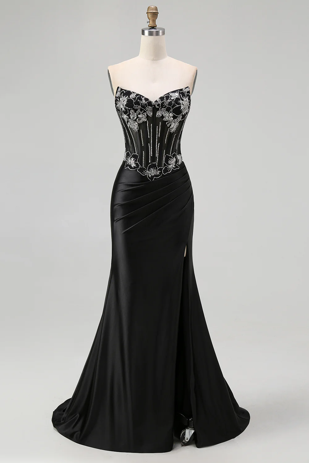 Sparkly Black Corset Mermaid Beaded Long Prom Dress with Slit - VNBITS