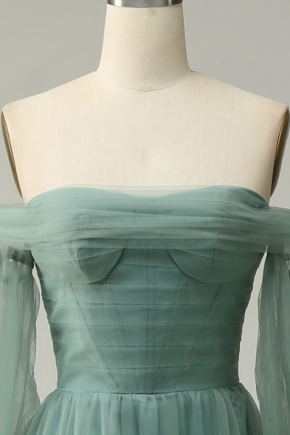 Off The Shoulder Grey Green A-Line Tull Prom Dress With Long Sleeves - VNBITS