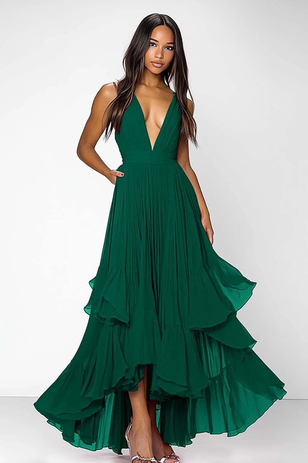 Dusty Blue A Line Deep V-Neck Long Formal Dress with Ruffles - VNBITS